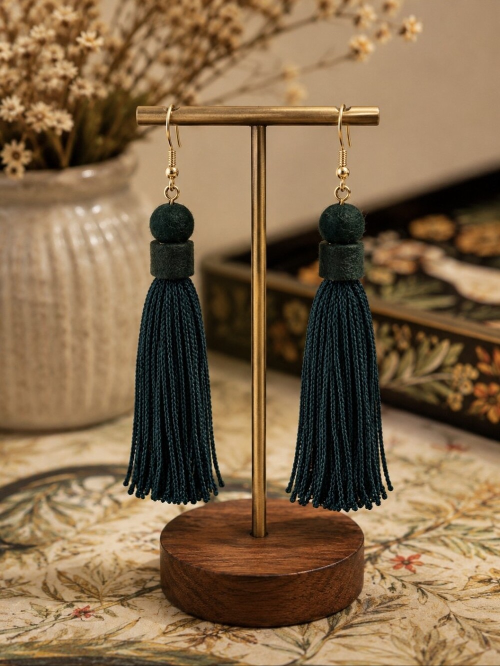 Forest Dark Green Teal Metal  Tassel Earrings